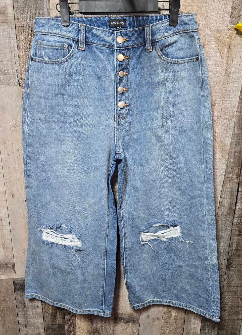 Poison Mushroom Distressed Ultra Wide Leg Crop Button Fly Gaucho Jeans 30